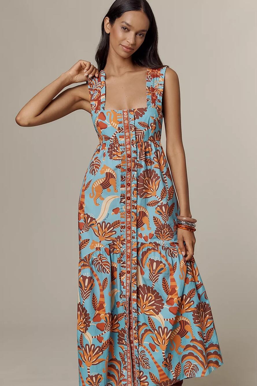 NWT Farm Rio x Anthropologie Square-Neck Midi Dress $285 SMALL Blue